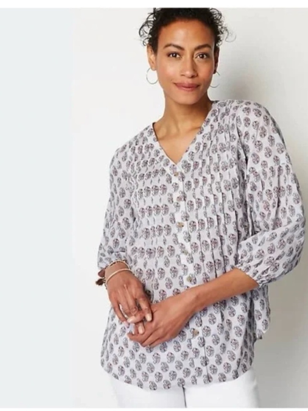 J JILL Madeira Pintuck Paisley Blouse 100% COTTON Size M